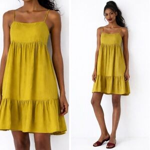 NWT Organic Viscose Mustard Yellow Midi Dress, Adjustable Straps Tiered Chic